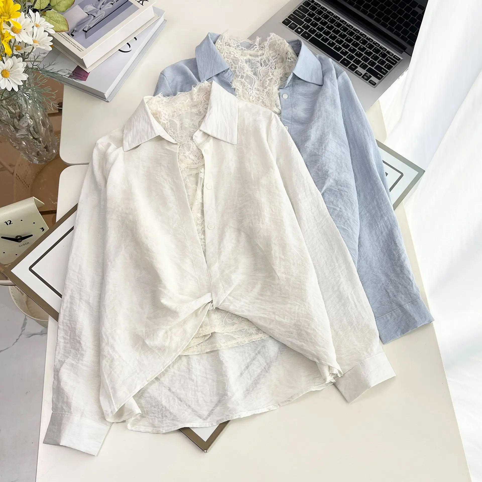 XXXXL Fashion Plus Size Women's Blouses New Autumn Korean Style Lace Inside With Long Sleeved Shirt