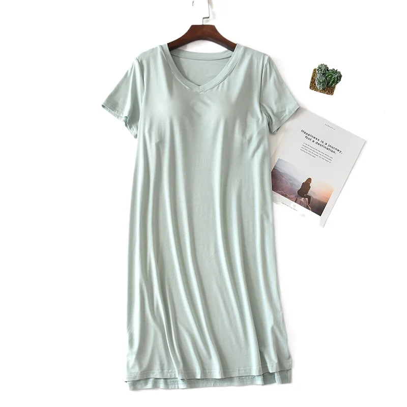 

Modal Short-sleeved V-neck with Chest Pad Nightdress Summer Loose Black Pink A Piece of Women's Homewear Nightgowns Nightie