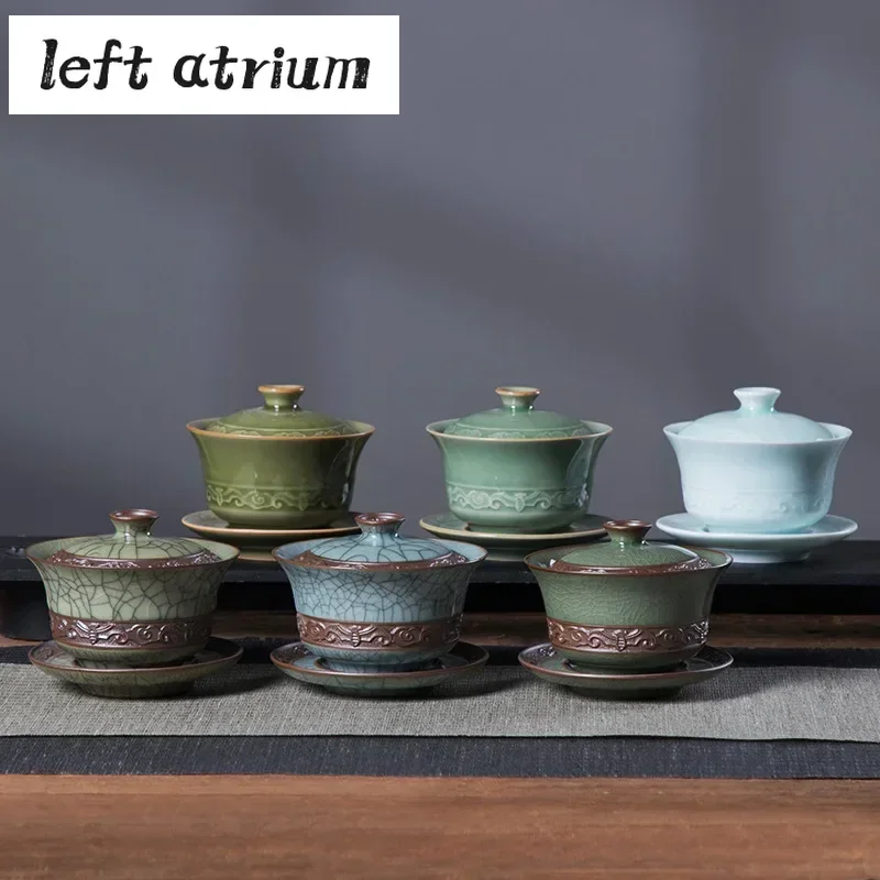 200ml Longquan Celadon Cover Bowl Ge Kiln Ice Cracking Hand Grab Bowl with Lid Kung Fu Teaset Sancai Cover Tea Maker Gaiwan