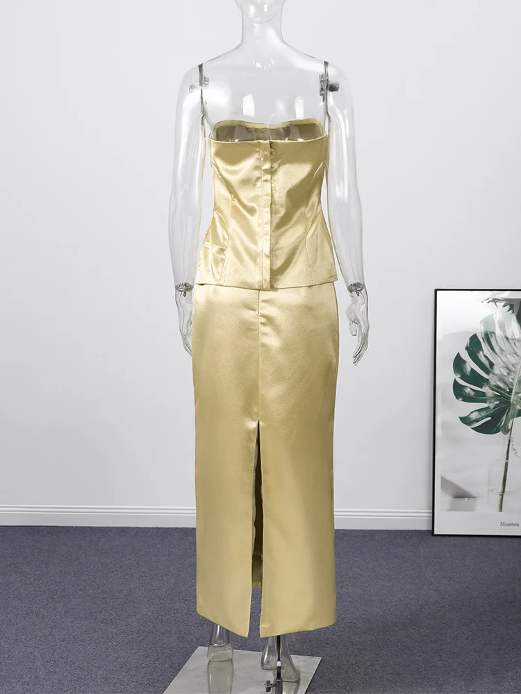 Neue Charmante Damen-Outfits: Trägerlose Taillenbetonte Tube-Tops und Lange Röcke für den Frühling – Detail 7