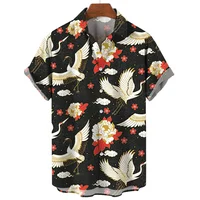 Retro Animal Hawaiian Shirt Men 3d Crane Print Short Sleeved Loose Casual Oversized Shirts Street Harajuku Tops Button Blouse 1