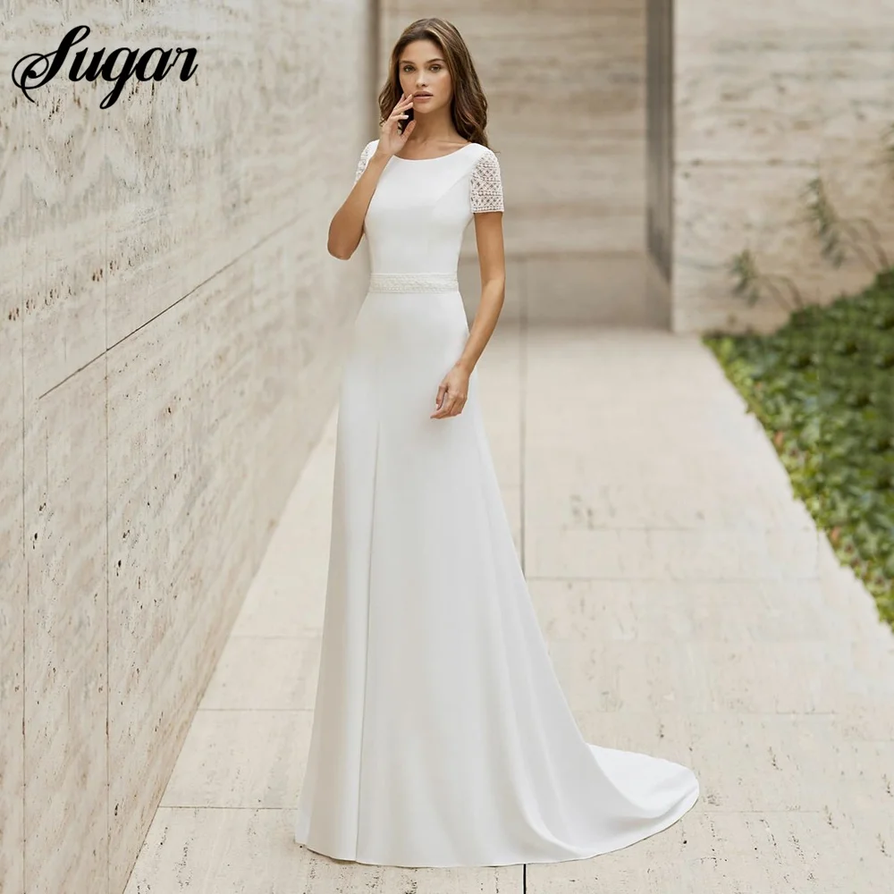 Elegant A-Line Satin Wedding Dresses Short Sleeves Scoop Neck Bridal Gowns Sexy Backless Beach Brides Dress Robes de marié 4