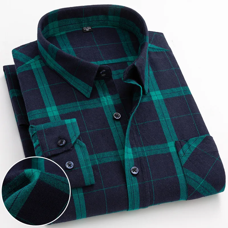 New-Spring-Autumn-100-Cotton-Flannel-Plaid-Mens-Shirts-Casual-Long ...