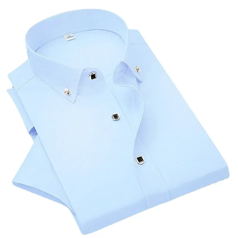 

Mens Short Sleeve New Dress Shirt Non-ironing Solid Male Clothing Fit Business Shirts White Black Blue Navy Red High Quality