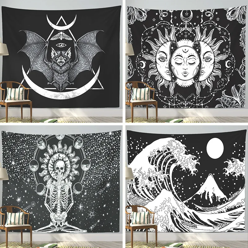 Home tapestry hanging cloth black and white sun skull sea wave background sofa painting decoration