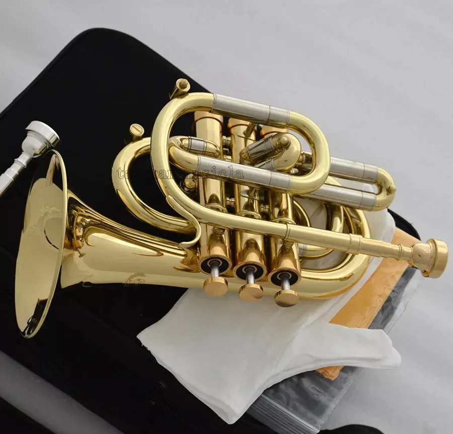 Professional new Bb Pocket Trumpet Gold horn Monel Valves With 2 Mouthpiece Case
