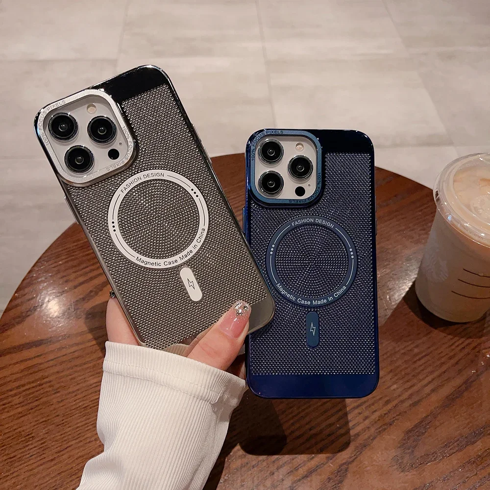 

For Magsafe Magnetic Wireless Charge Breathable Mesh Case For iPhone 15 14 Plus 13 12 11 Pro Max Metal Camera Edge Plastic Cover