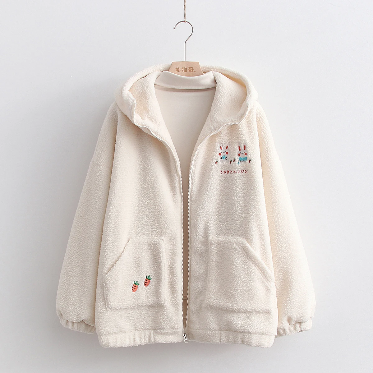 

Autumn And Winter Lamb Fleece Coat Cute Cartoon Embroidery Hooded Loose Versatile Furry Warm Jacket Women's