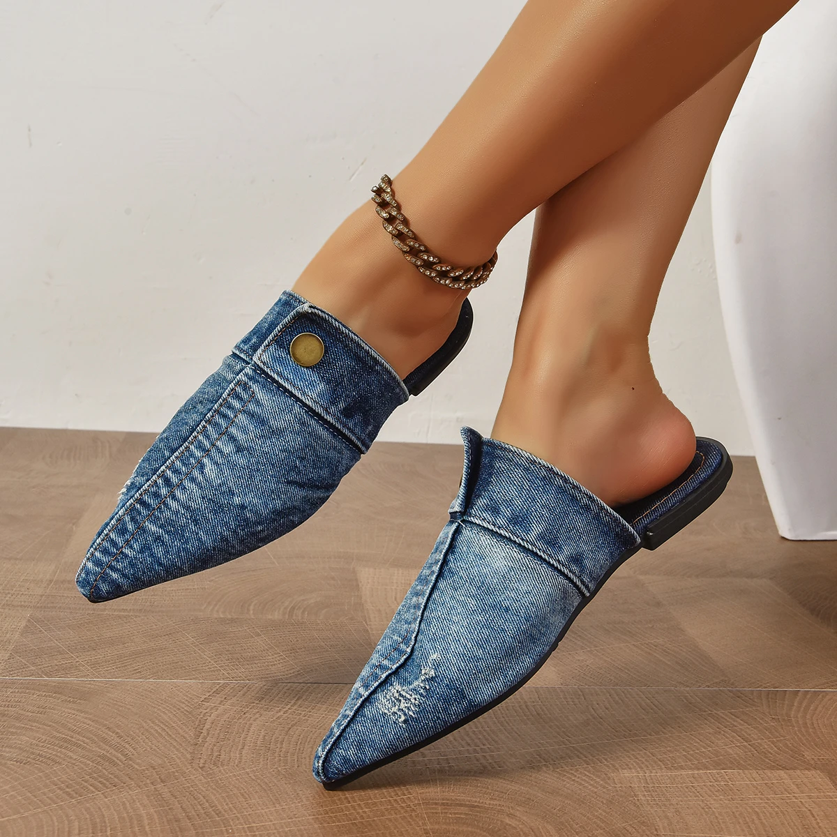 Flat Women Half Slippers Pointed Toe Denim Blue Summer Casual Slippers Women Fashion Lightweight Sandals Home Slides