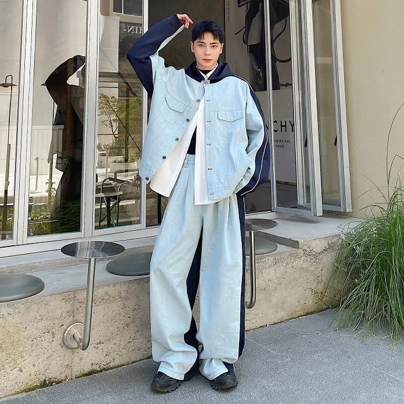 

Men Spring Autumn Sets Denim Splice Hooded Jacket Pant Korean Streetwear Fashion Loose Casual Jeans Jacket Baggy Pants Suits