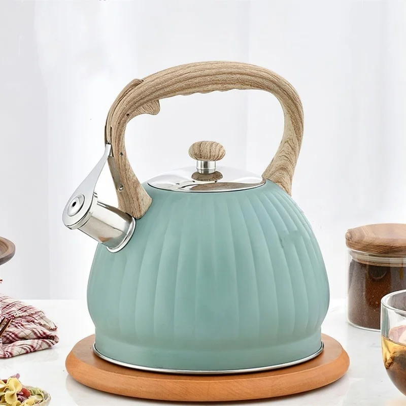 

Stainless Steel Boil Water Kettle Green Pumpkin Bakelite Handle Half Ball 3L Whistle Induction Cooker Household Kitchen Supplies