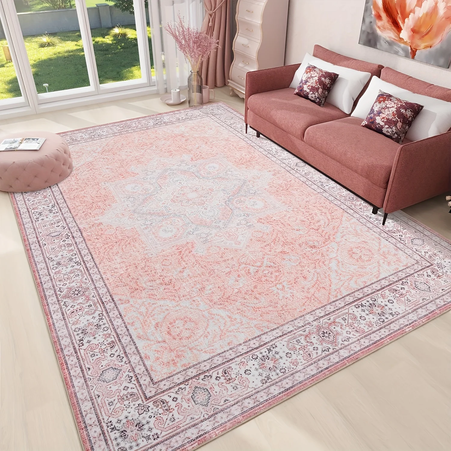 

Boho Pink Area Rugs for Living Room - Machine Washable Rugs, Ultra-Thin Vintage Large Rugs, Print Distressed Rugs, Indoor Non-S