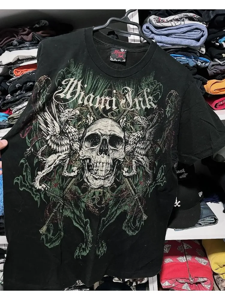 

2024 New Skull Vintage Tshirt Harajuku Hip Hop Round Neck Oversized Shirt Men Women Short Sleeved Gothic Clothing Top Streetwear