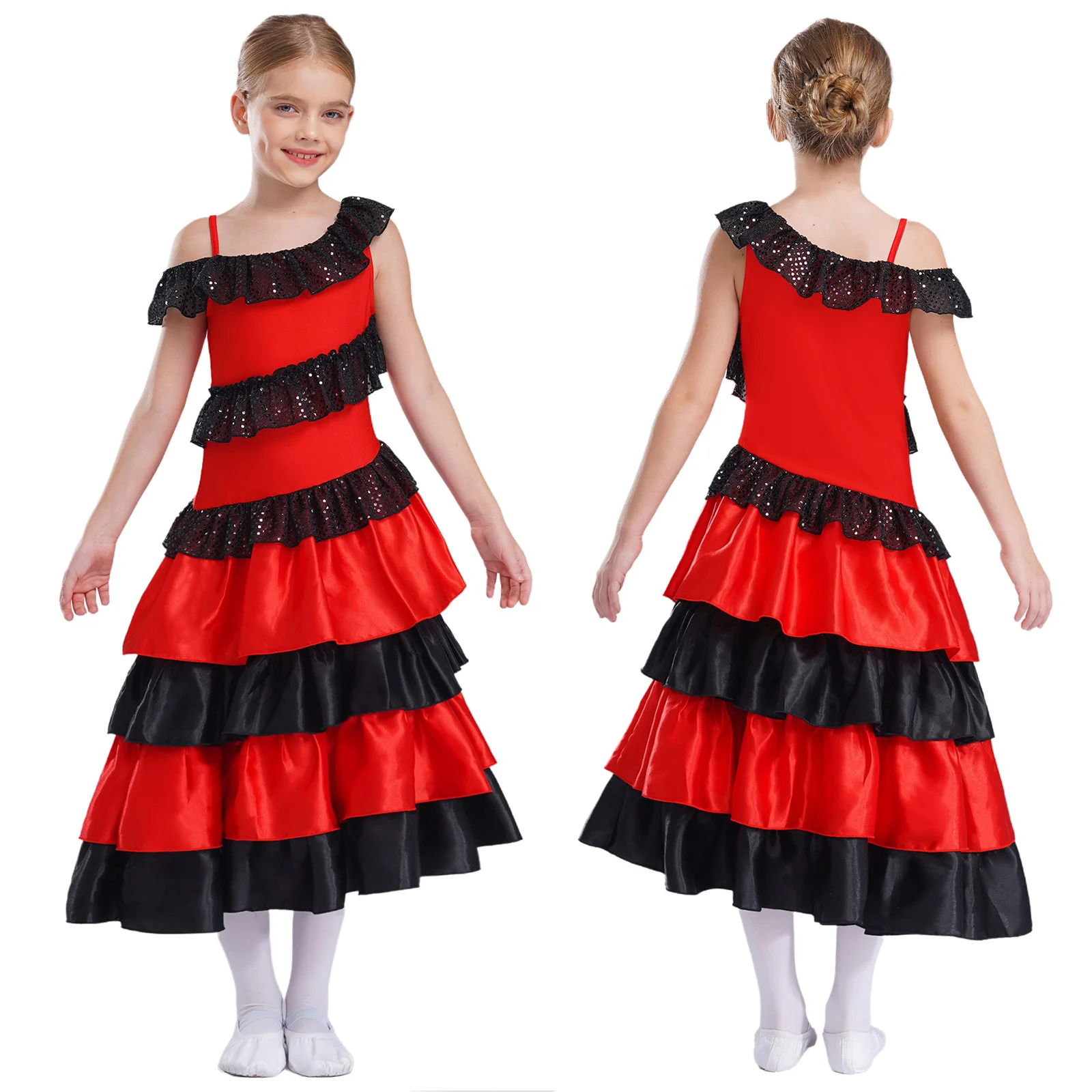 Girls Spanish Flamenco Dance Dress Off Shoulder Ruffles Satin Dress Classic Flamengo Gypsy Dress Dancewear Performance Costume