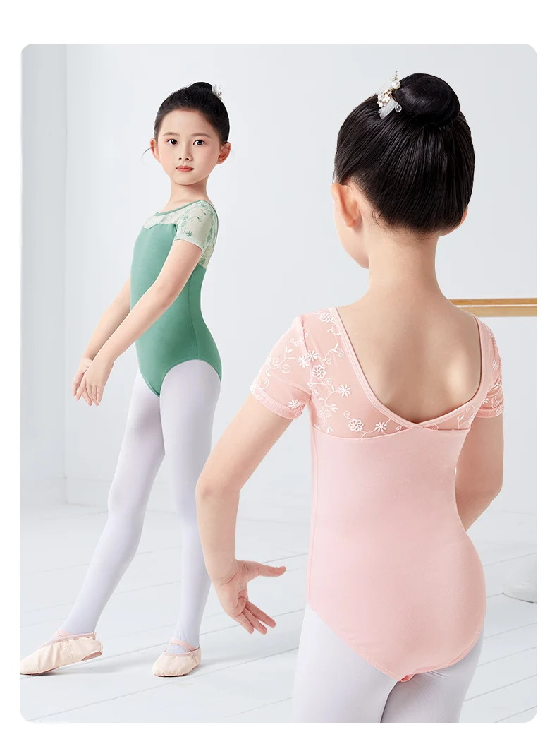Mädchen Ballett Trikot Kurzarm Tanzkleidung mit Stickerei, Kinder Tanzpraxis Gymnastik Outfit – Detail 10