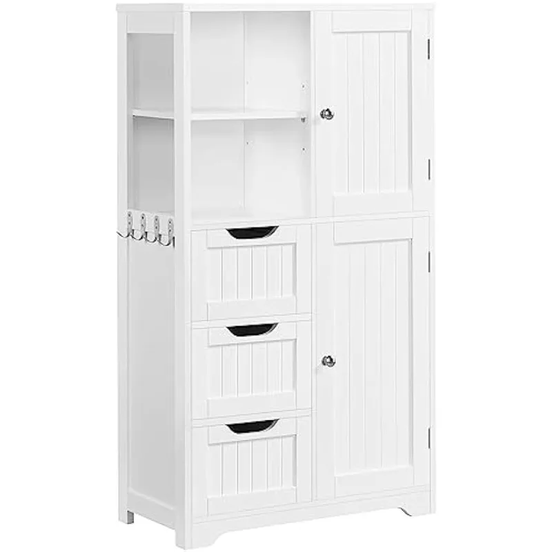 Bathroom Floor Cabinet 42″, Freestanding Storage Cabinet with 3 Drawers, 2 Open Shelves and 2 Doors
