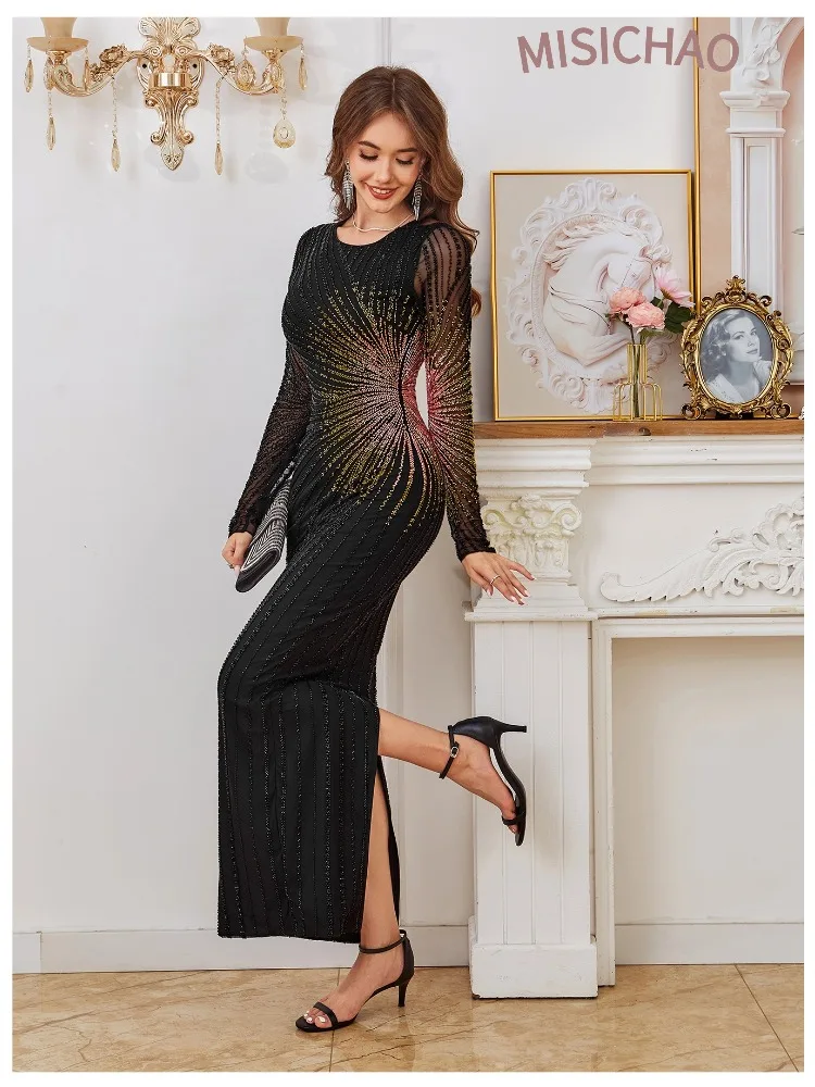 فستان سهرة أسود بترتر، ماكسي شبكي