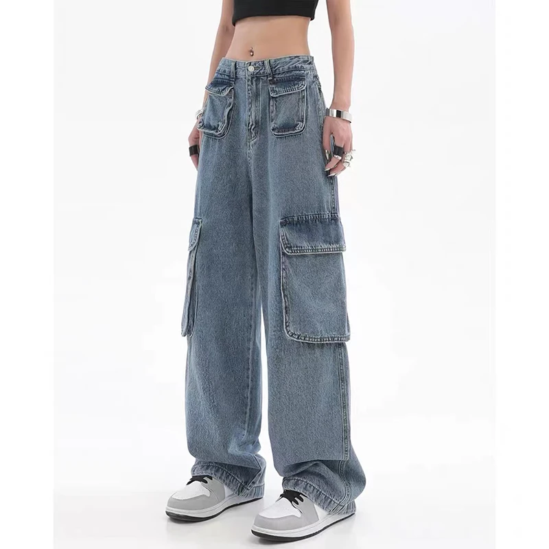 

Fashion Streetwear Top-Quality Multiple Pockets Design Cargo Baggy Jeans Women Loose High Waist Wide-Leg Denim Trouser Female