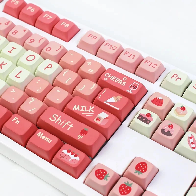 Cute Pink Strawberry Keycaps Fruit Theme Pbt Xda Profile mx Switches Faça Você Mesmo Teclado Gamer Mecânico 135 Chaves