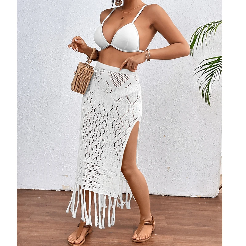 Women's Skirt Cage Swimsuit Cover Up Beach Bikini Wrap Skirt Snow High Slit Tassel Sexy Swimsuit Cover Up