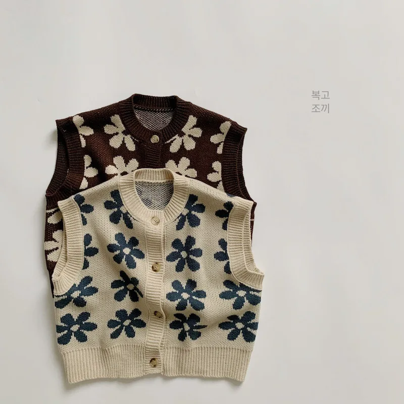 1213C Children Clothes Knitted Vest Spring New Children's Vest Retro Flower Knitted Boy's Sweater Coat Kid's Waistcoat