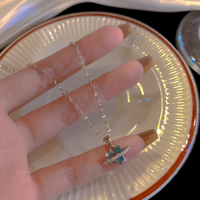 Collana con ciondolo retrò coreano alla moda femminile 2025, con cristallo blu, argento, stella dell'universo, gioielli estetici da sposa per donna_voghion.com