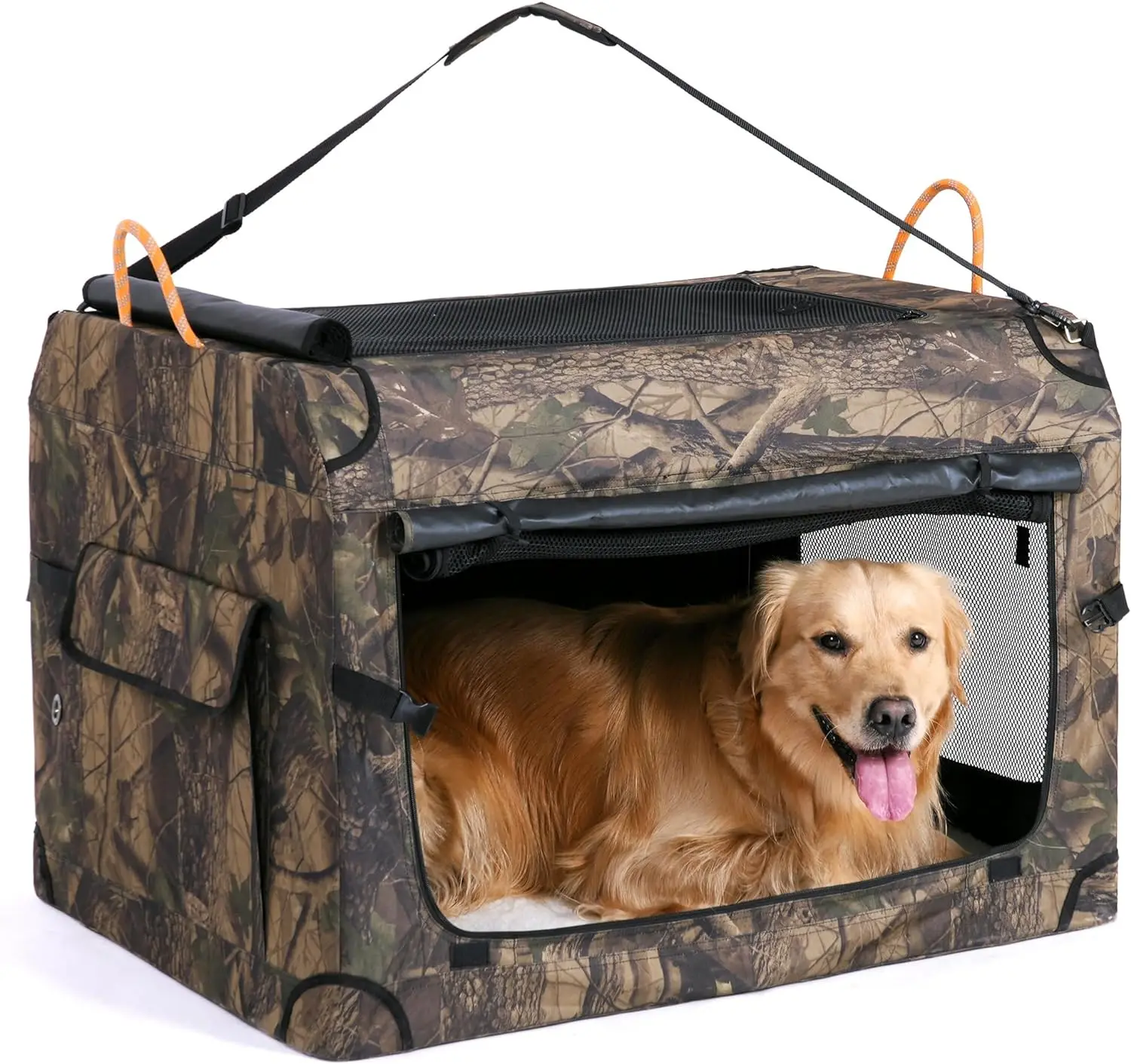 

KOOPRO 40 Inch Collapsible Dog Crate, Portable Soft-Sided Dog Travel Carrier Camouflage Style Pet Kennel 4-Door with Durable Mes