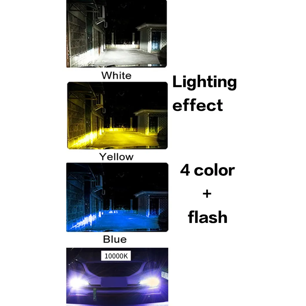 1 Pair Four Colors+Flash LED Car Headlight 10000LM Auto LED H4 H1 H3 H7 H8 H9 H11 H16 9005 HB3 9006 9012 HB4 3000K 6000K 10000K