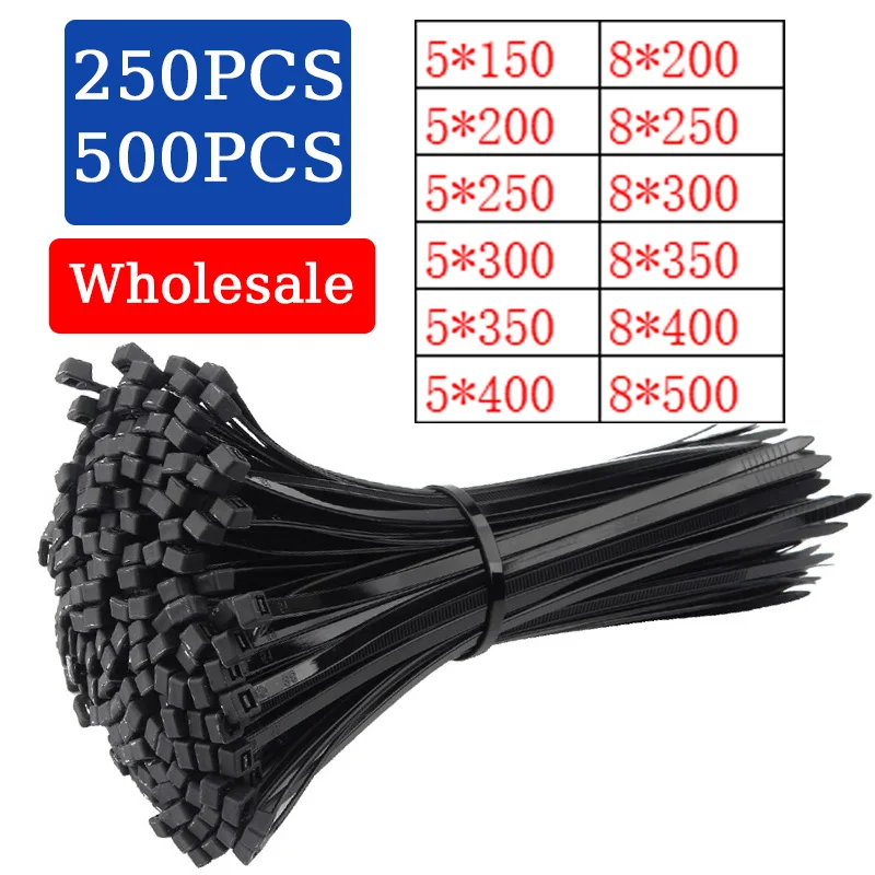 Auto-bloqueio Preto Plástico Nylon Cabo Tie Anel de Fixação Grande Cabo Tie Zip Wrap Strap 5*200 mm 5*300 mm 8*500 mm