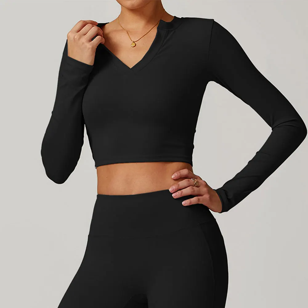 V-neck Jacket Women Clothes Crop Tops Yoga T-shirts Solid Sports Top Long Sleeve Running Shirts Quick Dry Fitness Gym Sport Wear