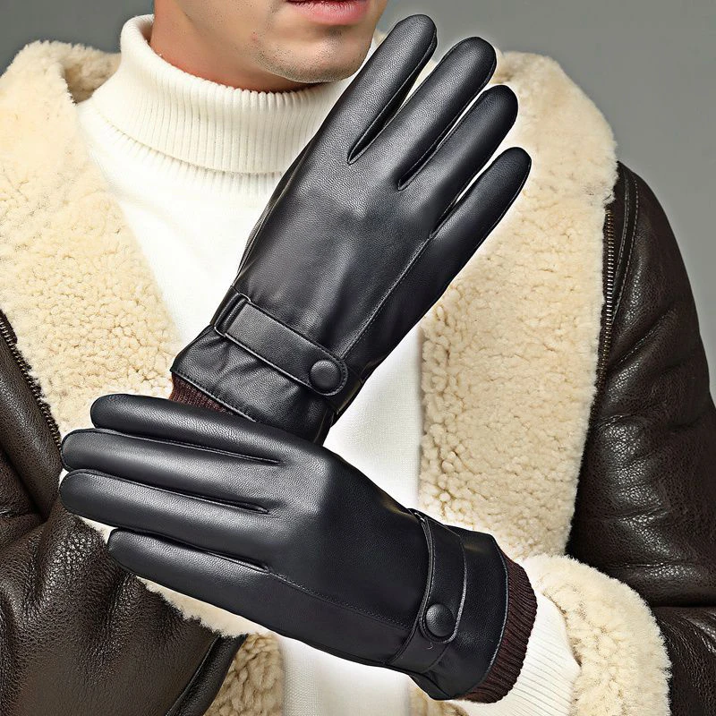 Windproof Touch Screen Men Gloves Plush Warm Outdoor Cycling Motorcycle Riding Black PU Leather Autumn Winter Man Gloves Mittens