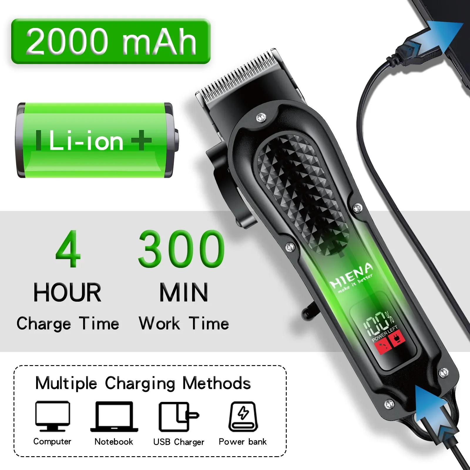 Hiena HYN-212 Électrique Tondeuse À Cheveux UBS Rechargeable Sans Fil Tondeuse À Barbe Hommes injuste Électrique Tondeuse À Cheveux Outil De Coupe – Image 2