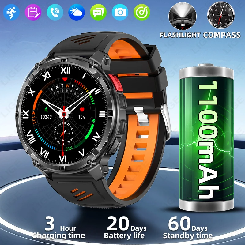 LIGE 1100mAh Super Capacity Battery Smart Watch Military Compass LED Flashlight Men Voice Call Heart Rate IP68 Sport Watches Man