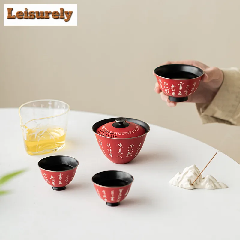Hand-painted Poetry Red Tea Set Complete Set Vintage Gaiwan Tea Ceremony Set Household Teapot and Tea Cup Set for Tea Decoration