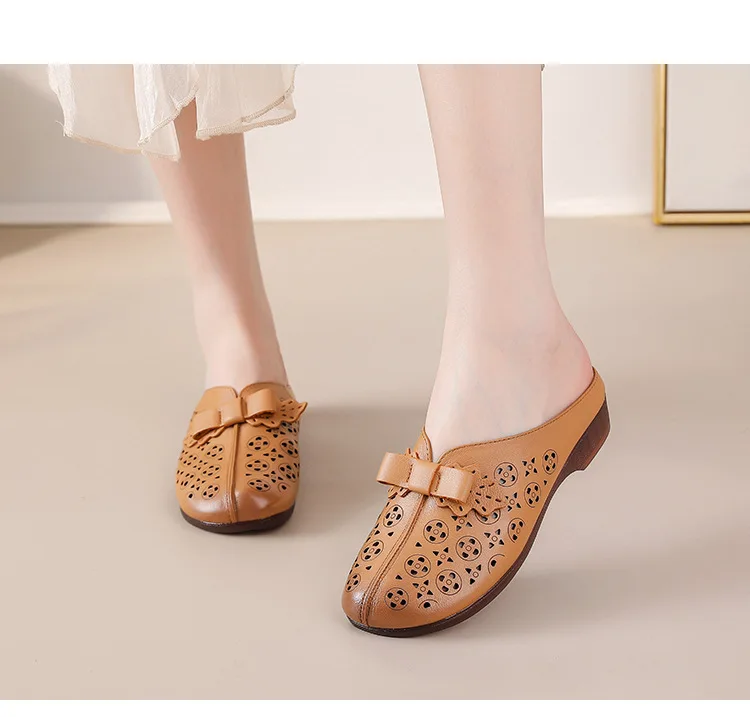 2025, neue Mama-Sandalen in großen Größen, ausgehöhlte Mesh-Oberschicht aus Rindsleder, Retro-Schuhe mit flachem Absatz und Zehen, die Hausschuhe draußen tragen – Detail 17