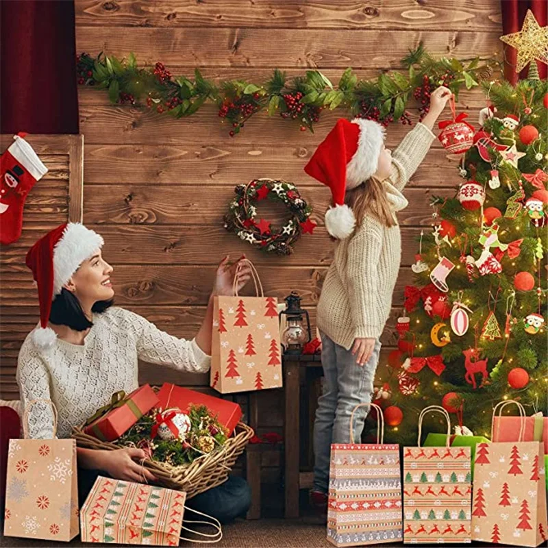Christmas Kraft Paper Gift Bags Christmas New Year Candy Cookies Gift Tote Bag Festival New Year Storage Bag 5pcs Christmas Gift Bags Christmas Candy Packaging