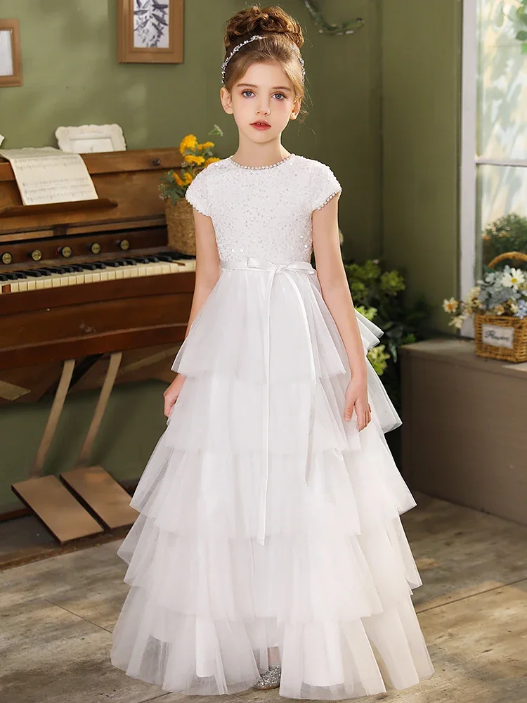 Elegant White Flower Girls Dress Tulle Fluffy Communion Gown Net Bridesmaid Gowns Girls Birthday gift Customizable Pageant Dress