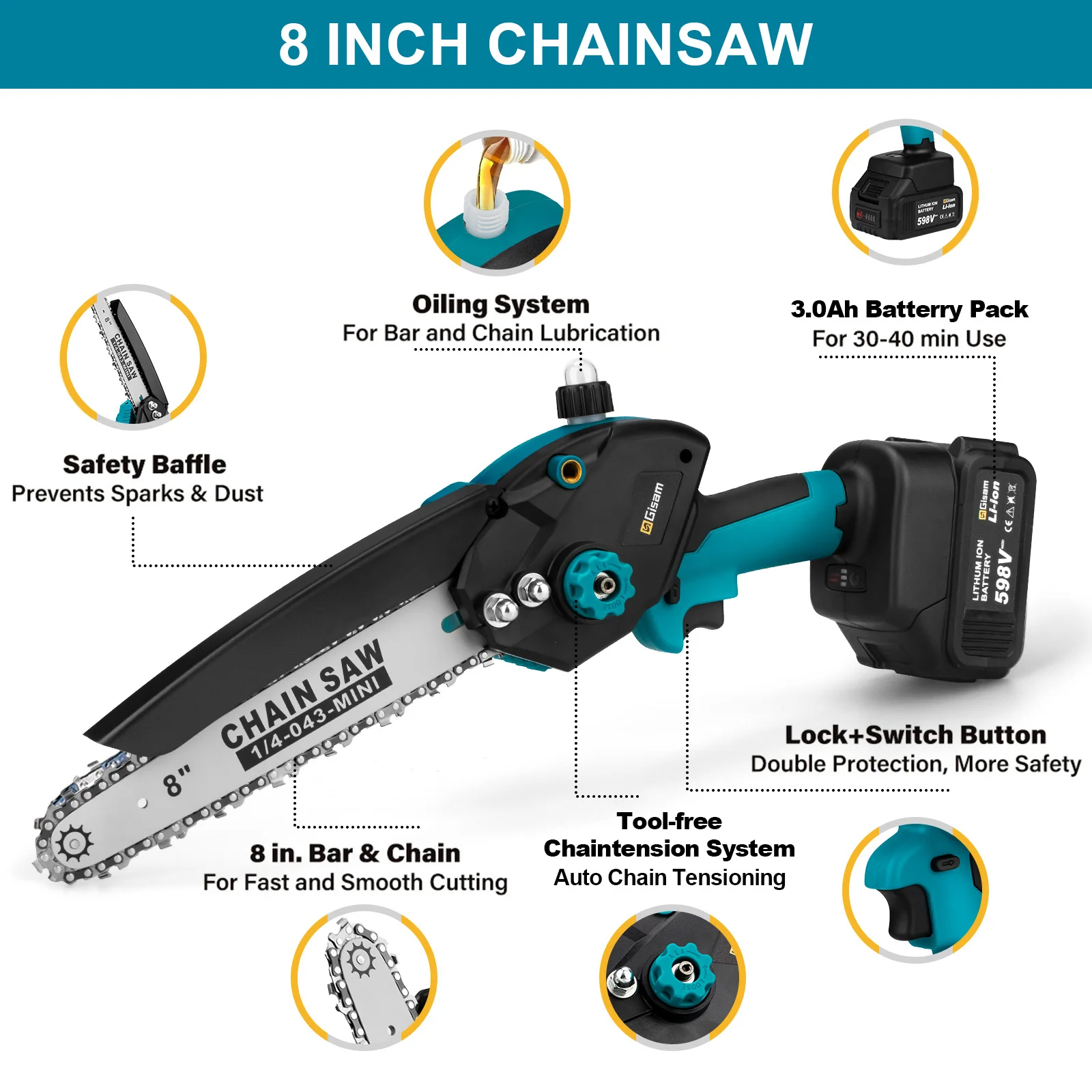 Gisam 8 Inch Brushless Chain Saw with Oil Can Cordless Handheld Pruning Chainsaw Woodworking Electric Saw Cutting Power Tools 5