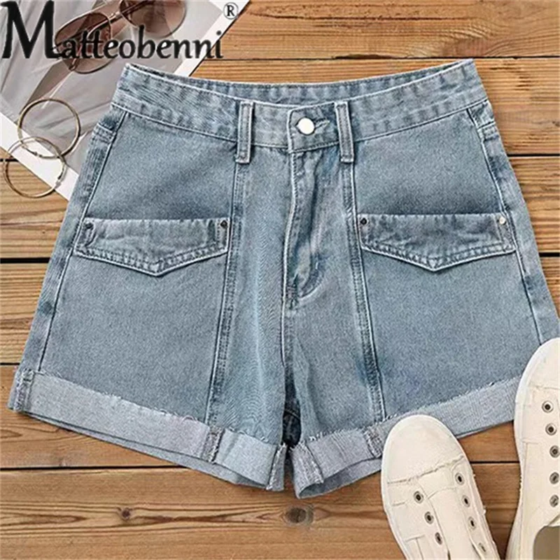 Summer Fashion Folded Leg Denim Shorts Female Casual High Waist Button Splicing Pocket Blue Three-quarter Pants Women Streetwear