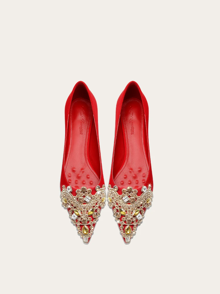 Spring and Autumn New Women's Flat Heel Satin Red Water Diamond Chinese Wedding Women's Shoes 3