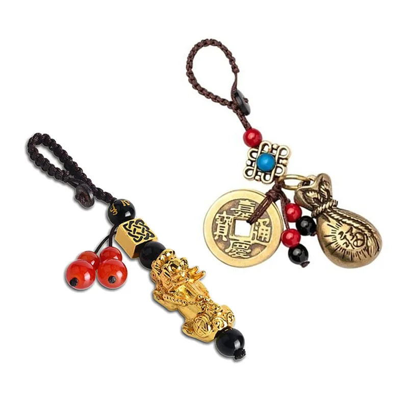 Handmade Rope Lucky Feng Shui Hanging Vintage Brass Money Bag Keychain Pendant Jewelry Ancient Five Emperors Coins Car Key Chain key chains,key rings,anime keychain,phone keychain,metal keychain,retractable keychain,balloon dog keychains,key chain accessories,car pendant key chain,game keychain
