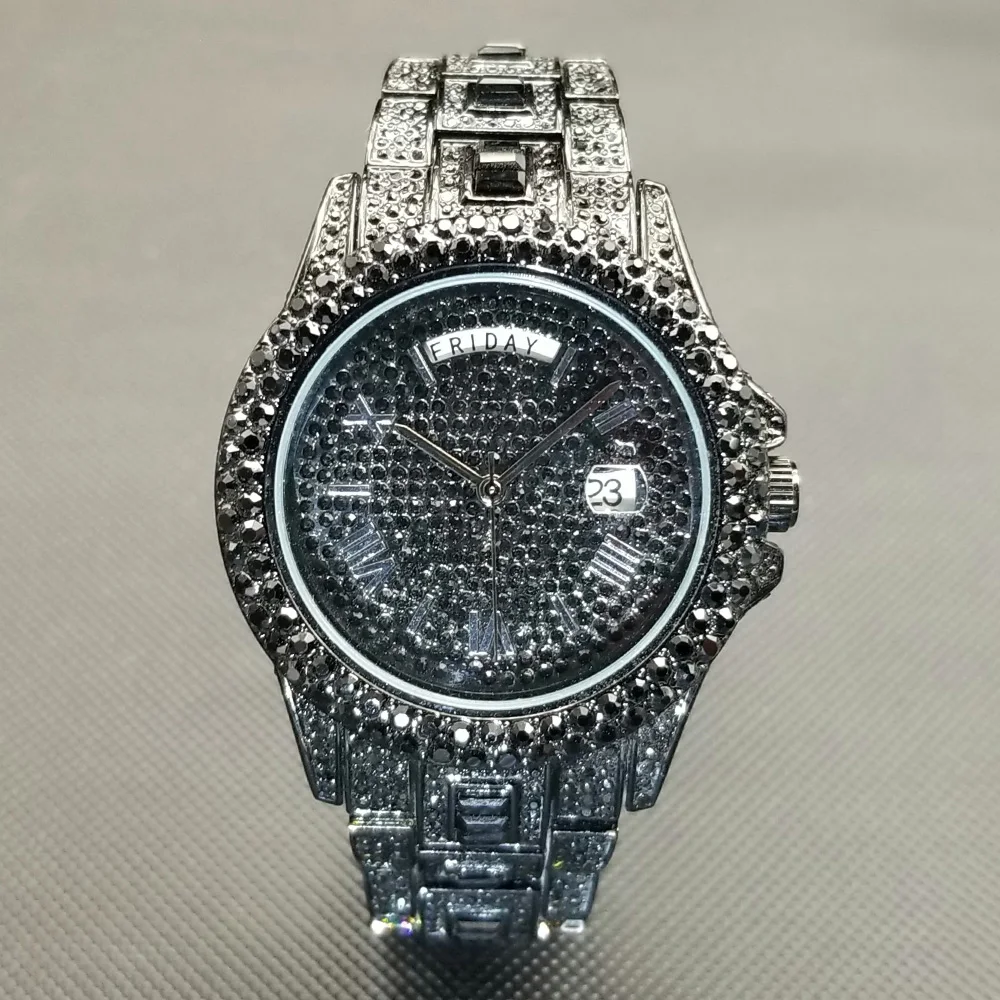 Datum Tag Diamant Uhr Für Männer Luxus Edelstahl Street Style Ice Out Armbanduhr Hip Hop Silber Bling Wasserdichte Uhr Geschenk – Detail 26