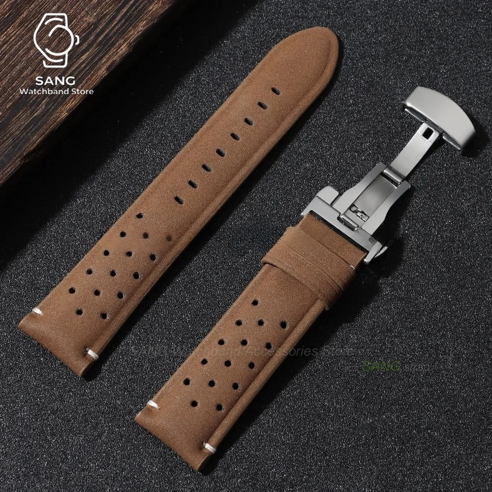 Vintage Brown Leather Strap with Butterfly Buckle - Breathable Business Watch Band Bracelet in Matte Finish