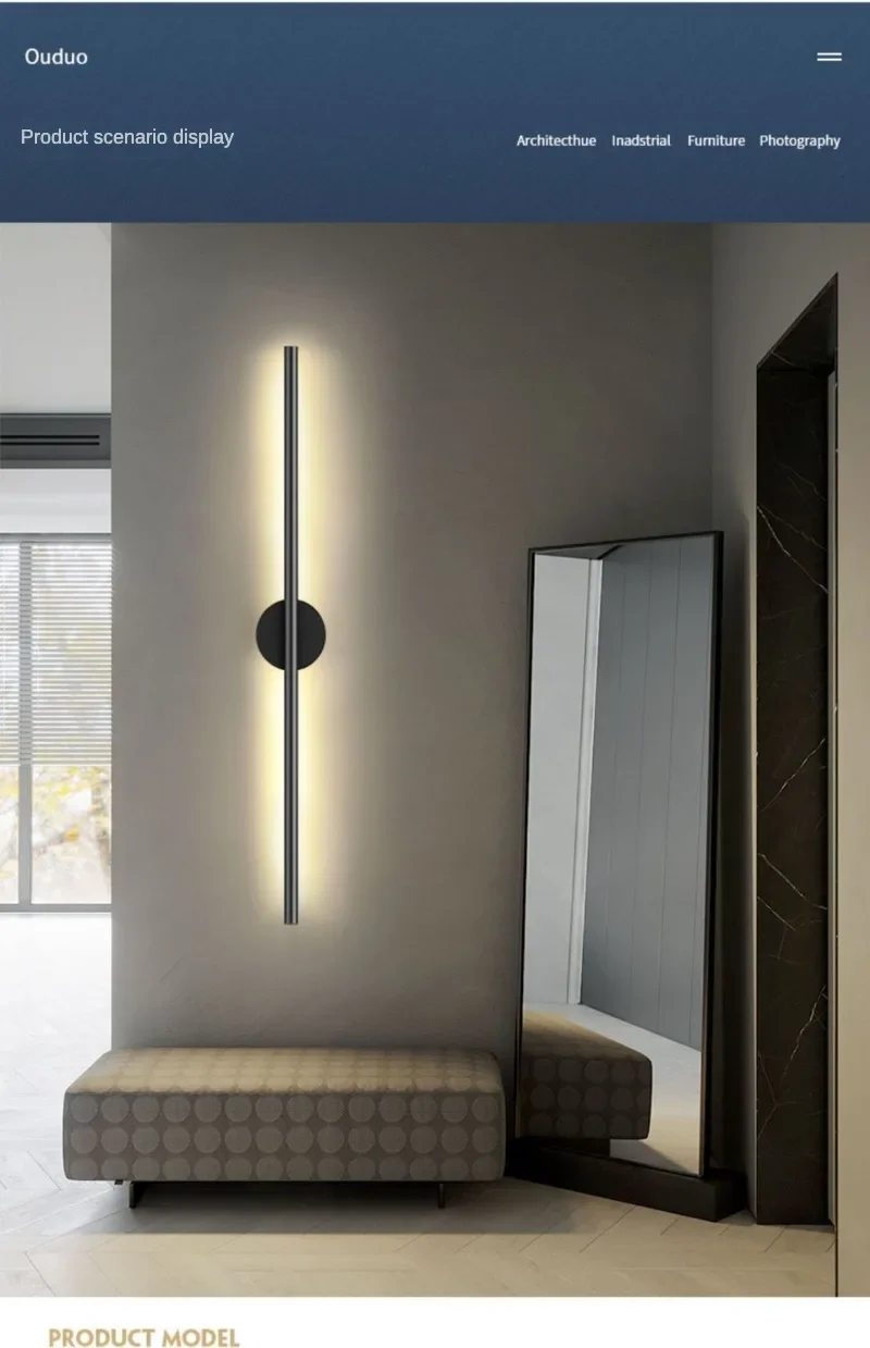 Description Picture 3 of itemLong LED Wall Lamp Modern Gold Black LED Wall Sconce Living Room Bedroom Background Stair Indoor Home Decoration Wall Light