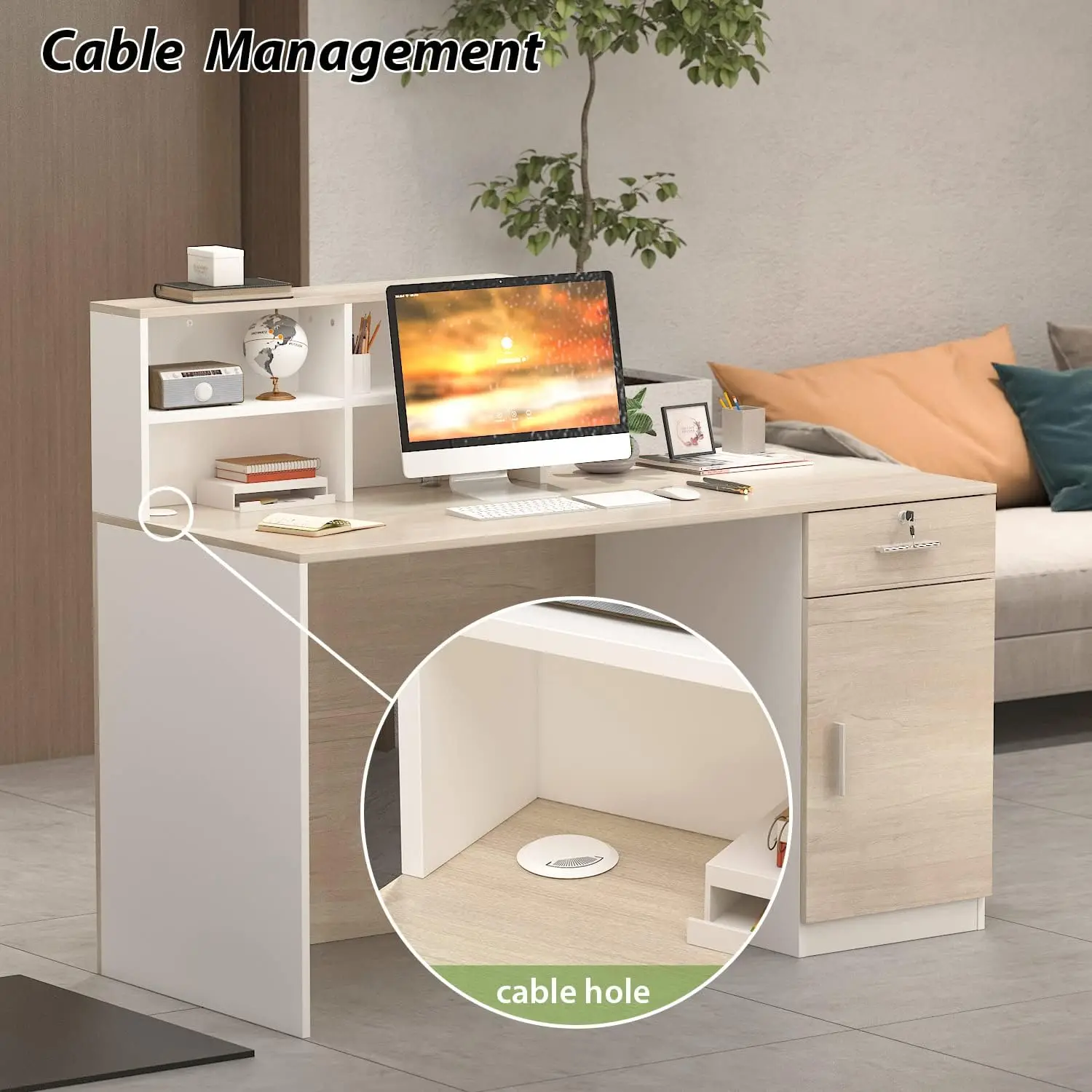 AIEGLE Reception Desk with Counter & Lockable Srotage Drawers, for Salon Reception Room Checkout Office, Natrual (55.1" L x 23.6