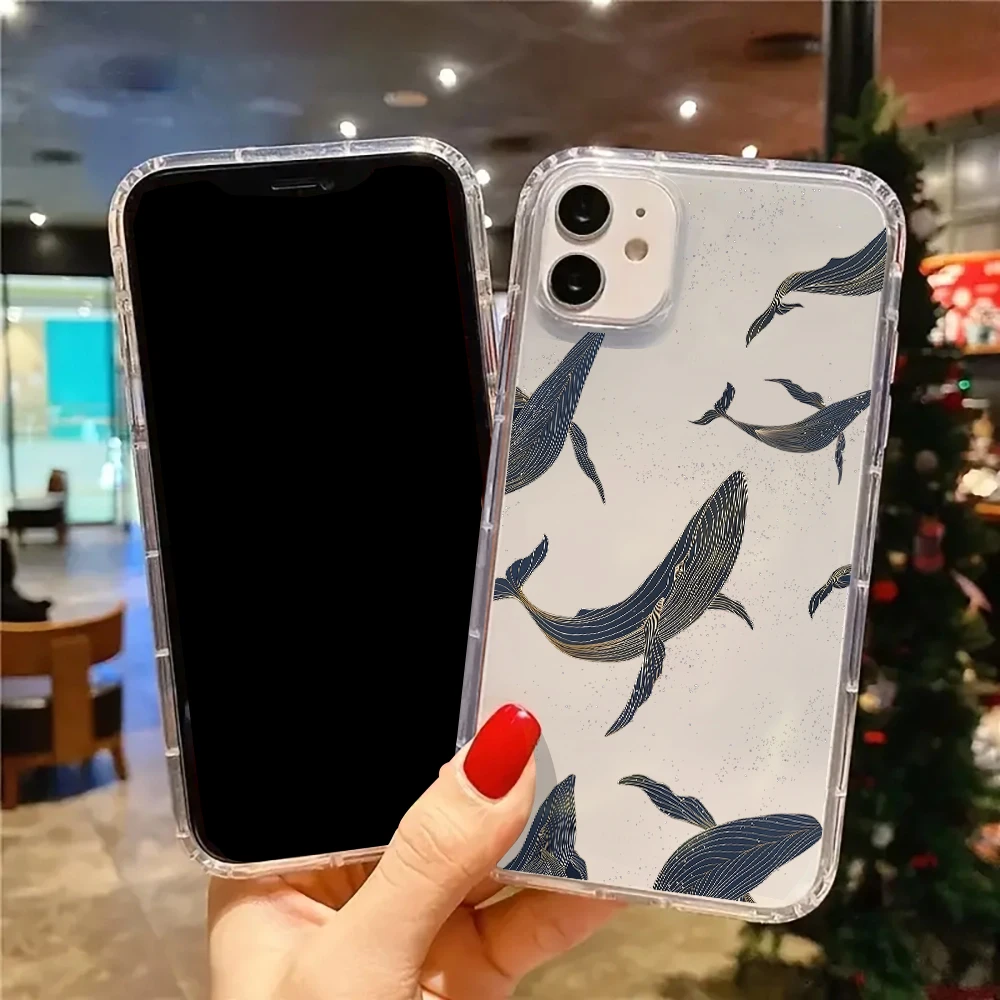 Blue Whale Pattern Clear Phone Case - Marine Art Style Soft Cover