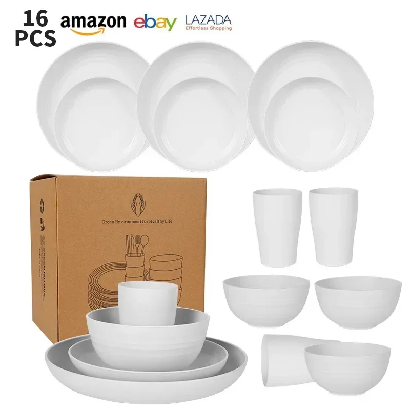 16-Piece Tableware Set Ceramic Vintage Stoneware Set Dinner&Dessert With Plate Bowl