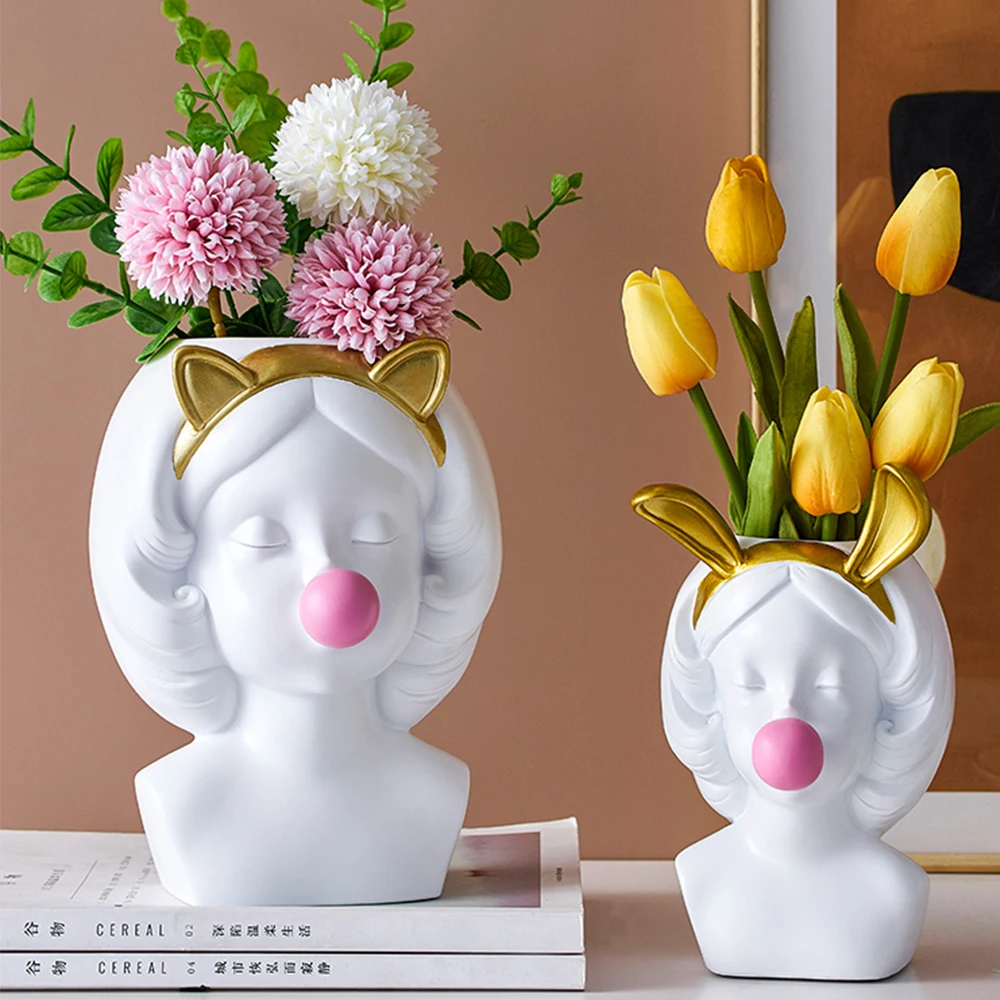 Nordic Human Resin Head Cute Vase Bubble Gum Home Living Room Flower Decoration 