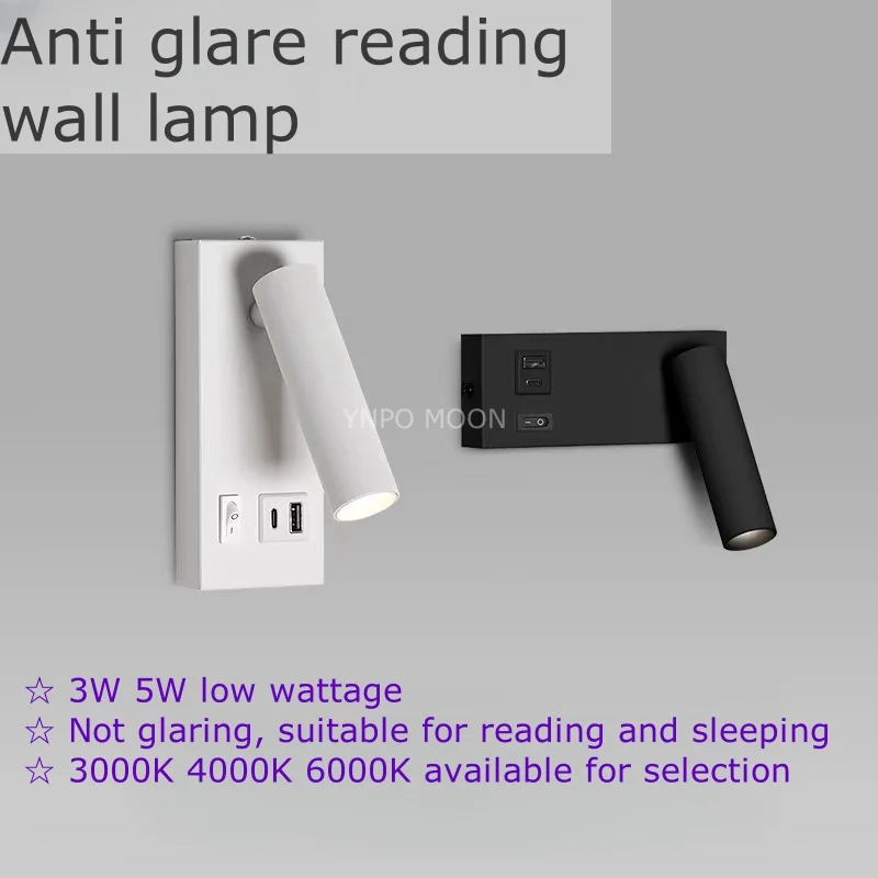 LED Wall Lamp USB Charging Type-C Rotating Surface Mounted Reading Wall Light 5W Spot Downlight for Bedroom Hotel Study