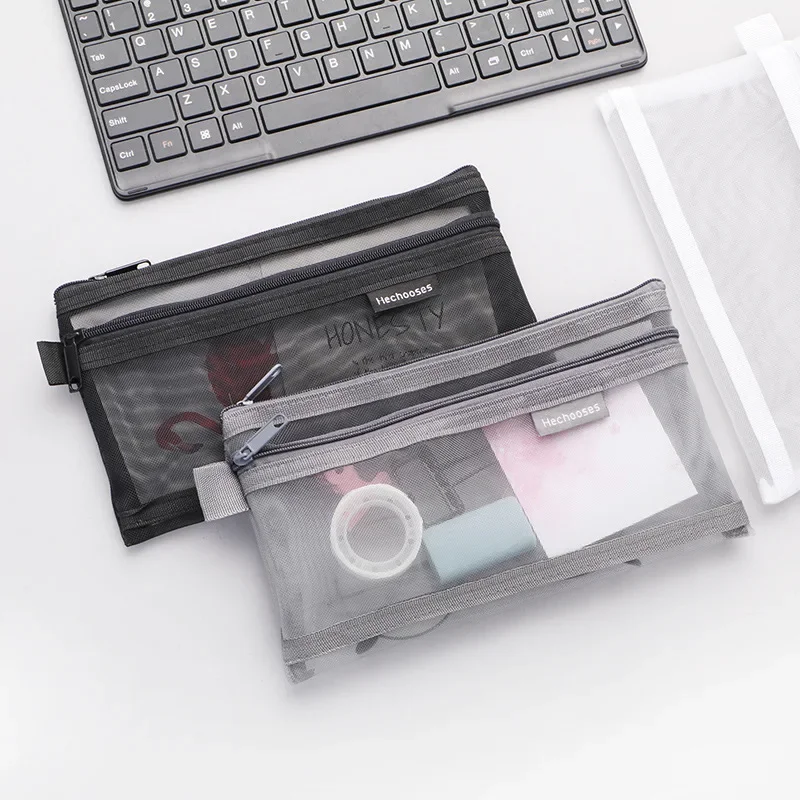 Simple Transparent Zipper Pencil Case Mesh Cosmetic Storage Bag Clear Stationery Bag Nylon Makeup Pouch Portable Travel Handbag